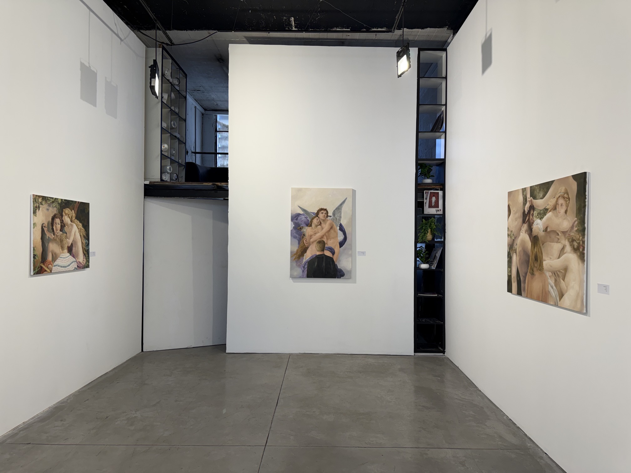 Installation view of Longing for Touch at Hamazrek Gallery, showing three paintings in the gallery’s central space.