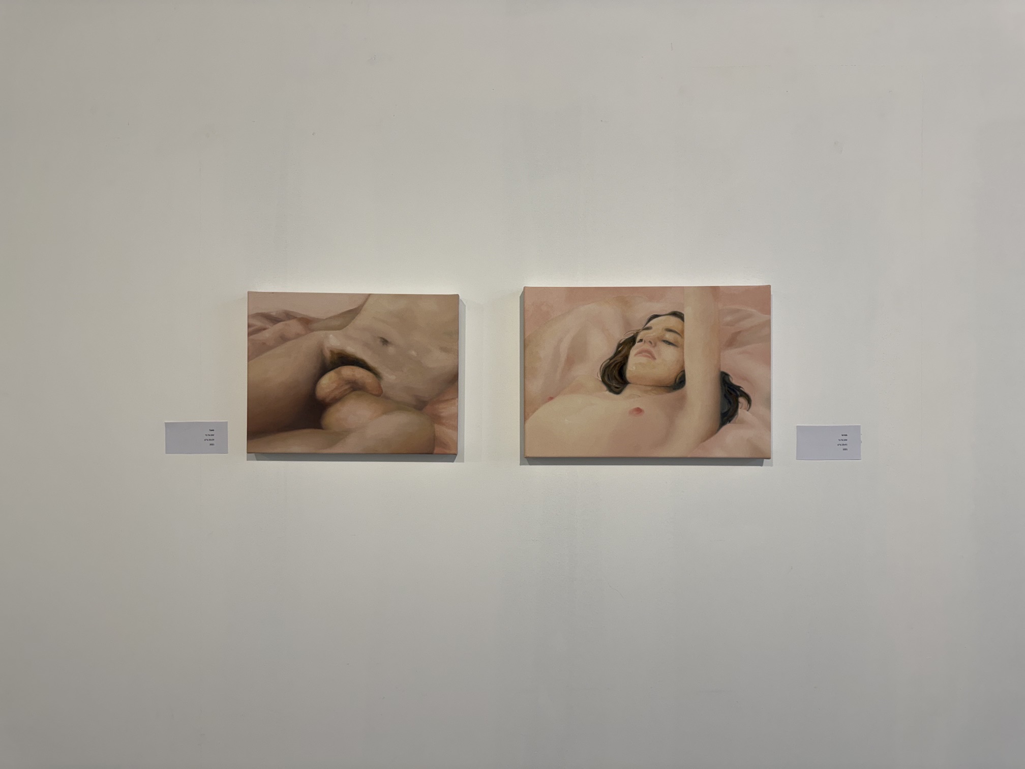 Installation view of two intimate paintings displayed together.