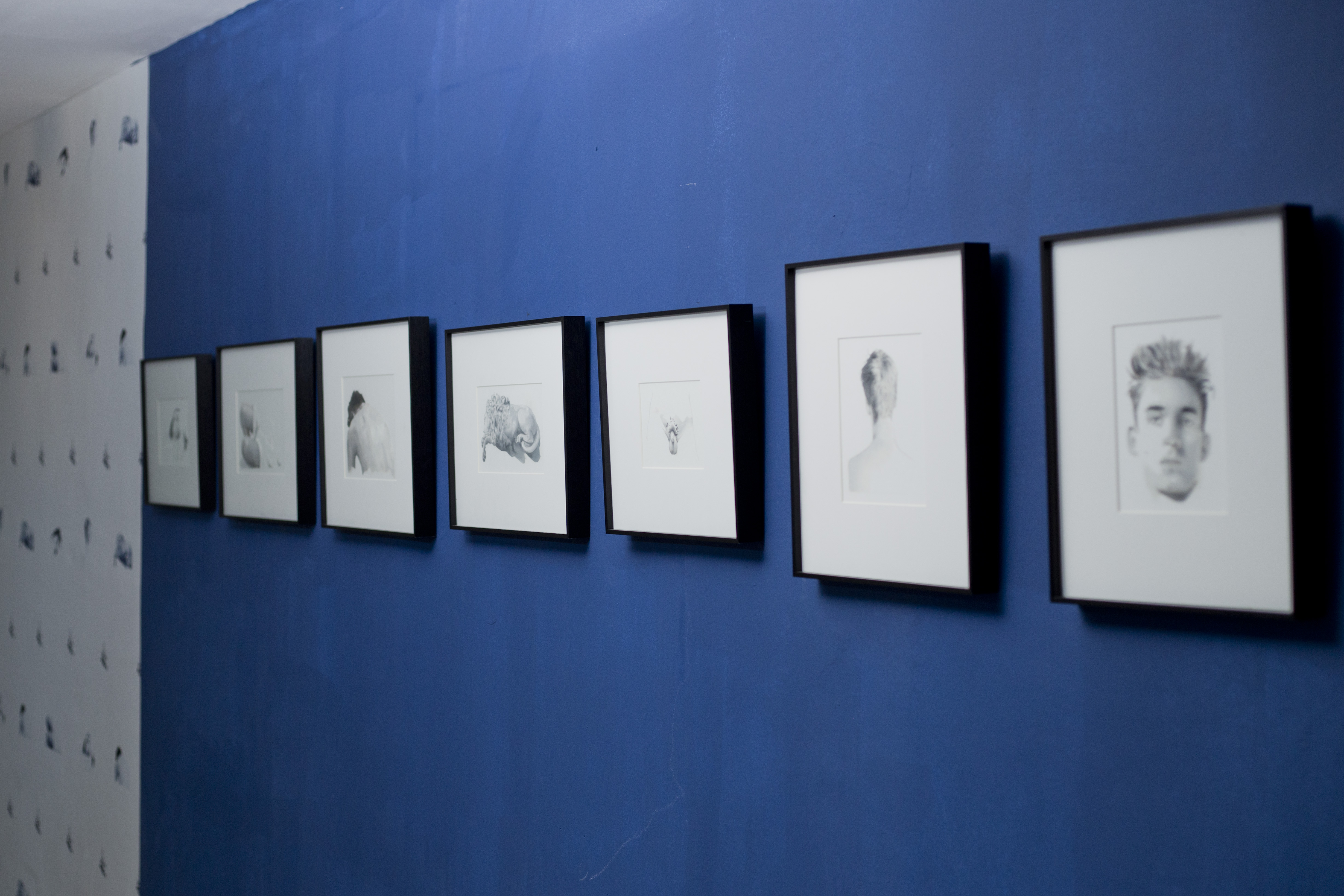 Installation view showing seven framed monochromatic works on a blue wall, with a patterned wall at left.