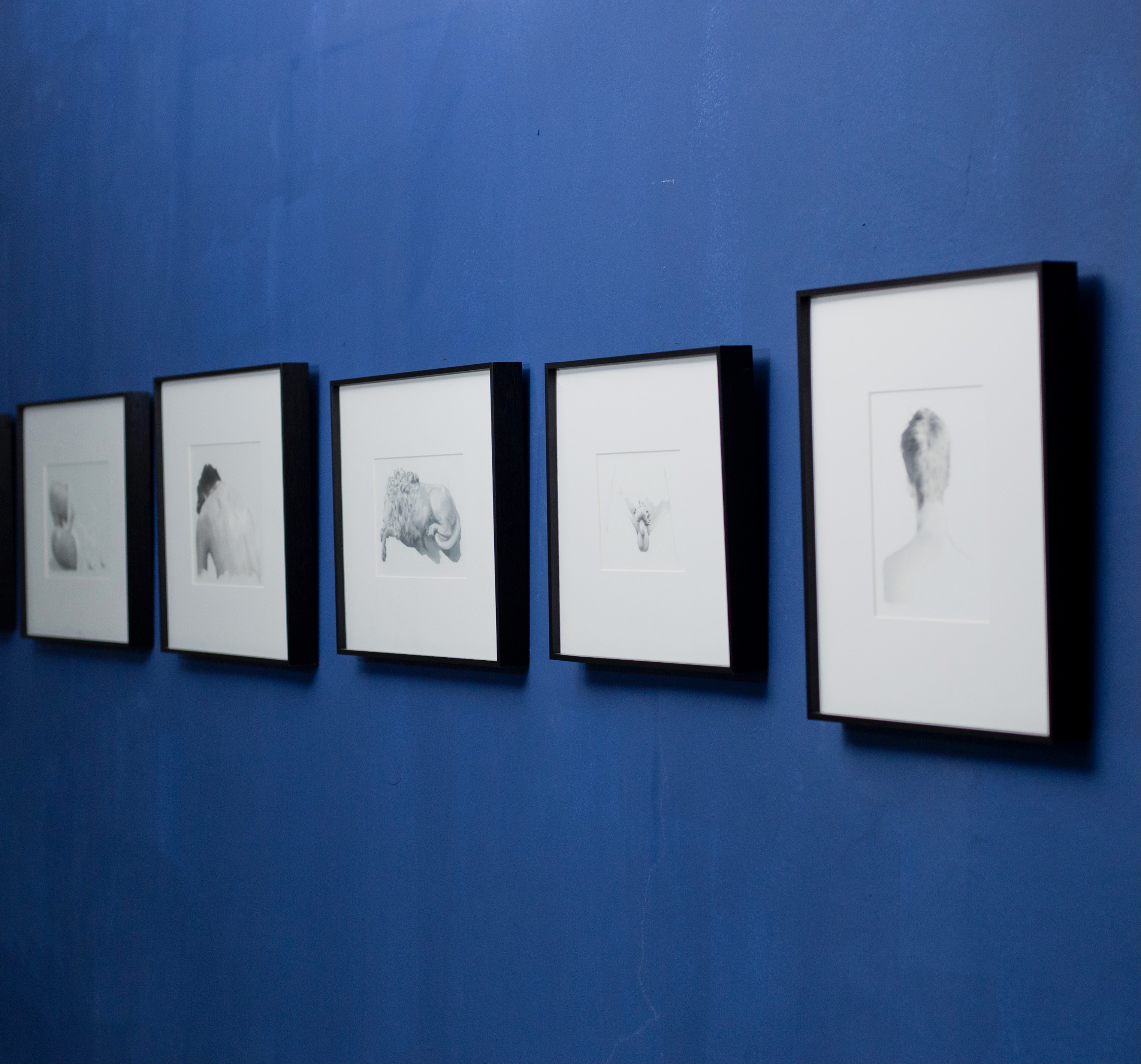 Overview of five monochromatic works displayed in a row on a blue wall for The Lost Time.