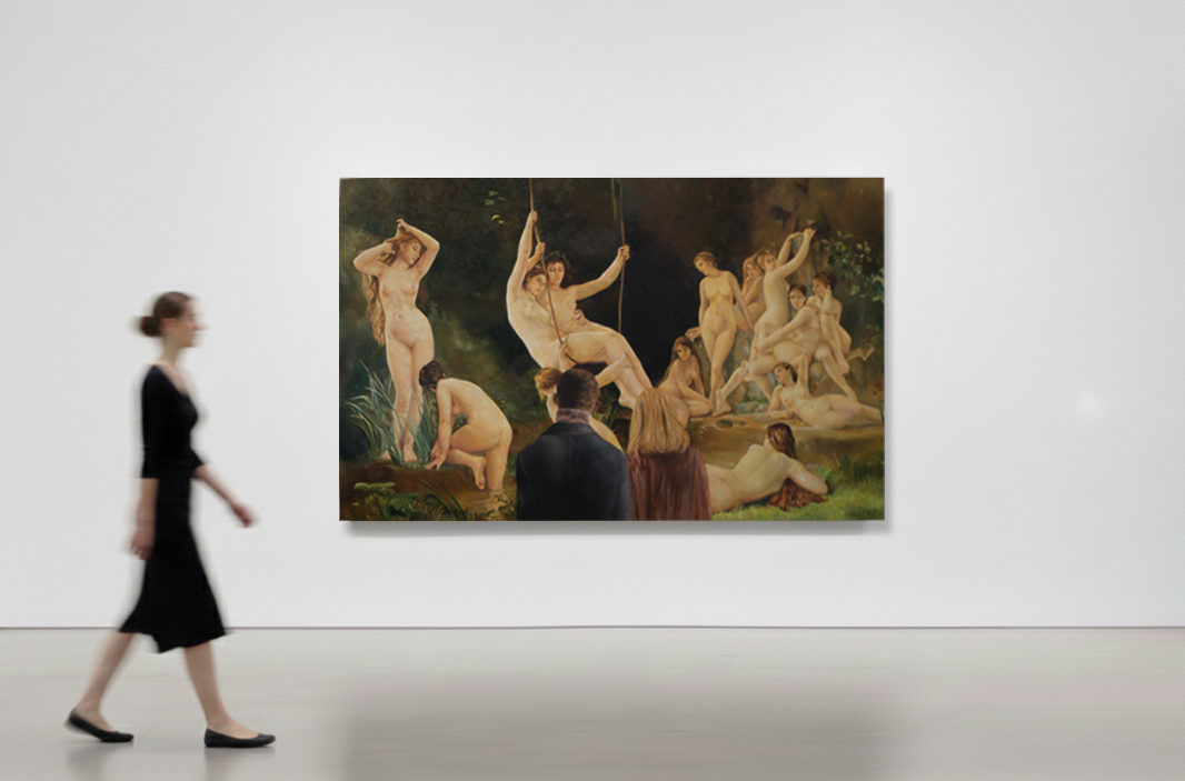 Two contemporary viewers facing a large classical scene of figures in a wooded landscape.