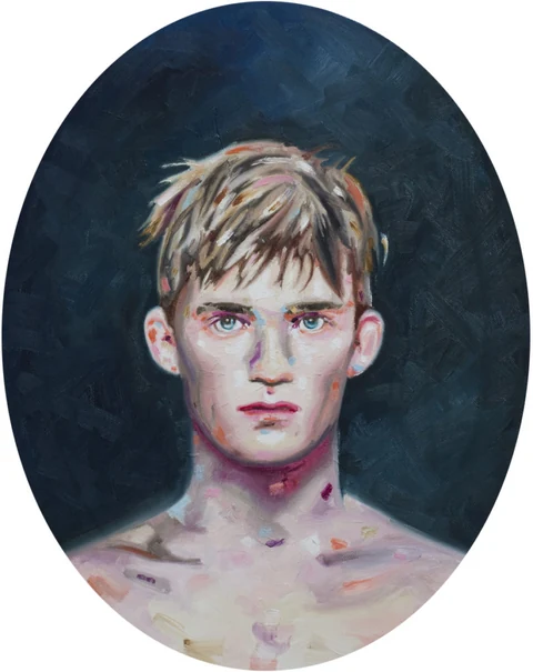 Oval portrait of a bare-chested young man facing forward against a dark blue background.
