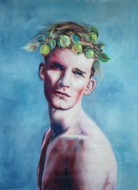 Bare-chested young man in profile wearing a leafy wreath against a blue background.
