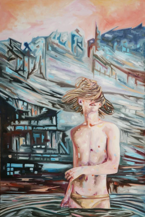 Bare-chested figure standing before a layered landscape of buildings and mountains.