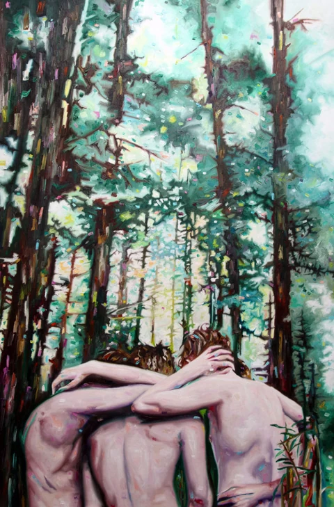 Two nude figures embracing in a dense forest.