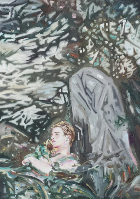 Figure reclining in dark rippling water beside a gray draped form.