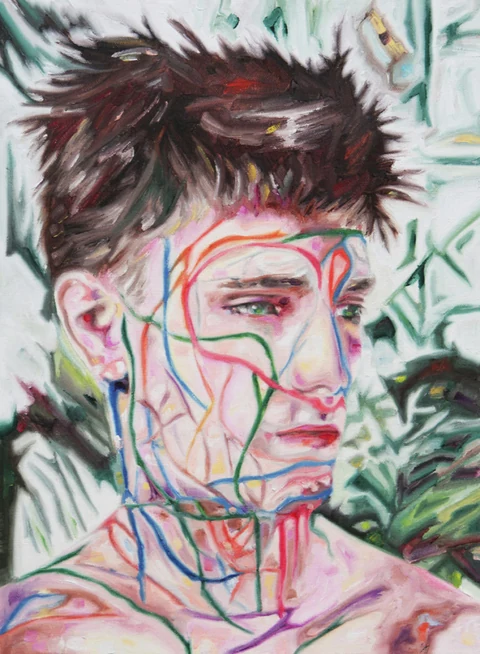 Portrait of a young man amid foliage, his face crossed by colored linear patterns.