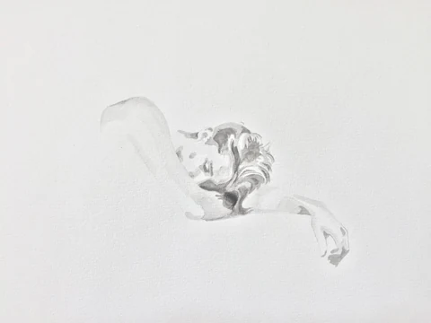 Light pencil drawing of a reclining figure viewed from the side.