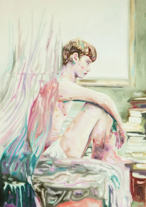 Seated nude figure beside a window in a pale interior.