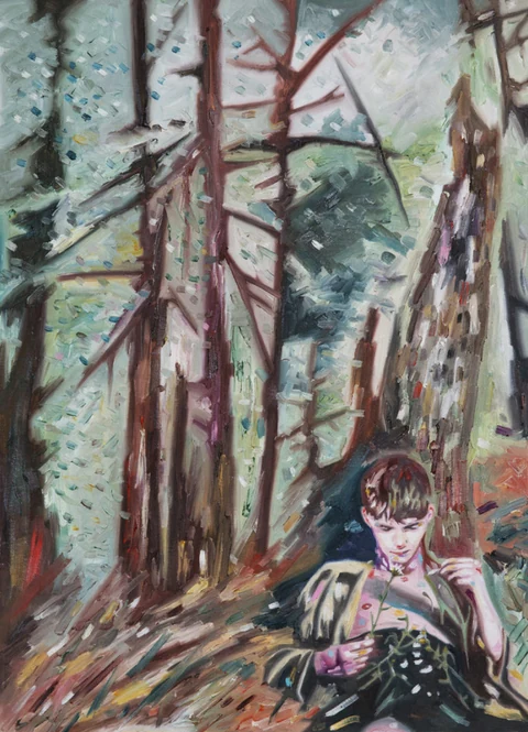 Small seated figure in a wooded landscape.