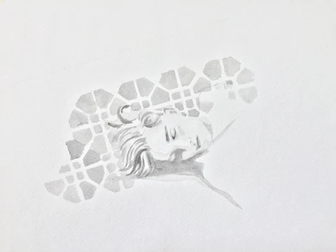 Pencil drawing of a reclining head and upper body beneath a patterned shape.
