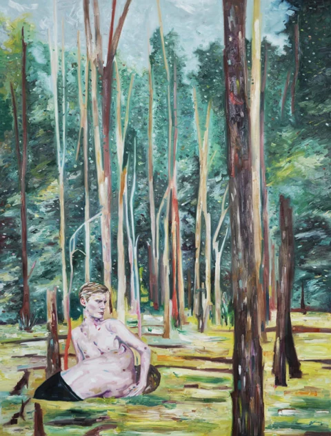 Seated nude figure among tall straight trees in a sunlit forest.