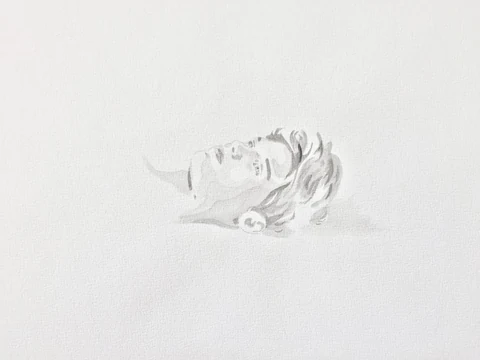 Pencil drawing of a reclining head and shoulders on white paper.