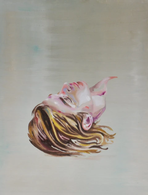 Reclining head and upper torso emerging from a muted gray field.