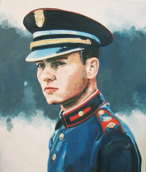 Young soldier in a dark blue uniform and peaked cap shown in profile.
