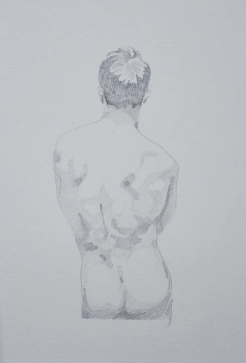 Pencil study of a nude figure seen from behind.