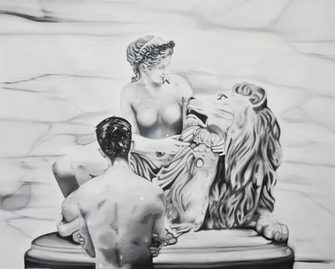 Black-and-white scene of a nude figure facing classical sculpture in a gallery.