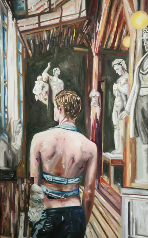 Bare-backed figure standing before mirrors and sculptural forms in an interior.