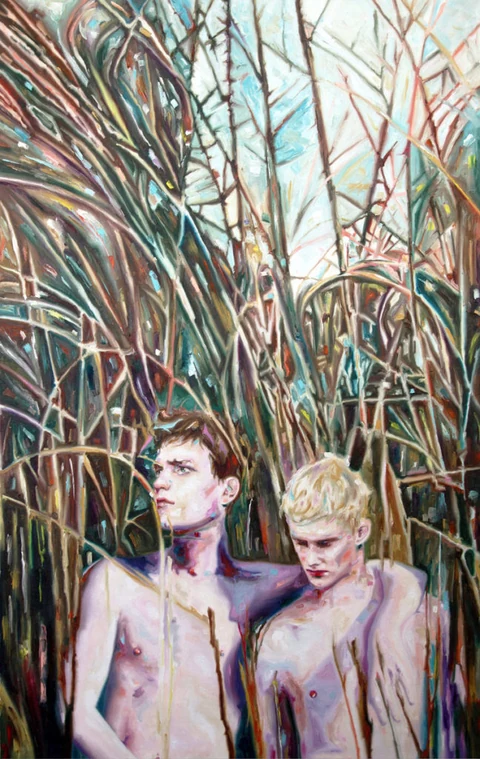 Two bare-chested figures standing amid tall reeds.