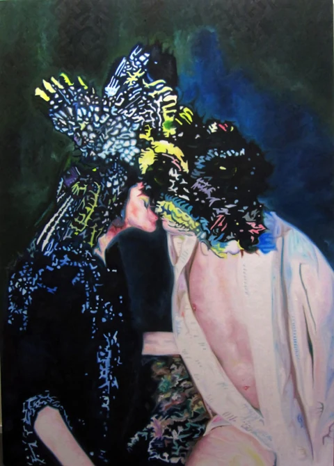 Two figures embracing beneath a large butterfly against a dark background.