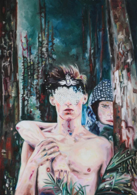 Bare-chested figure wearing a dark blindfold in a wooded setting, with another figure behind.