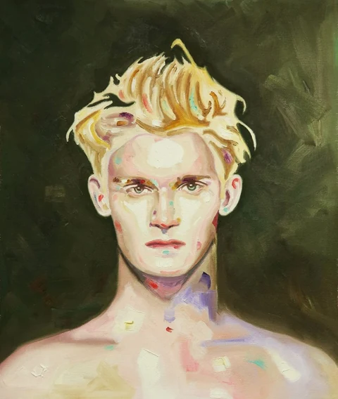 Bare-chested blond young man facing forward against a dark green background.
