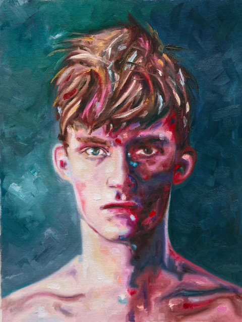 Close portrait of a bare-chested young man against a dark teal background.