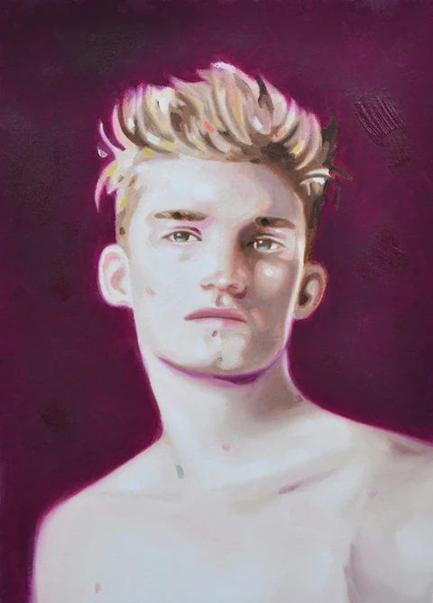 Bare-chested blond young man facing forward against a deep purple background.
