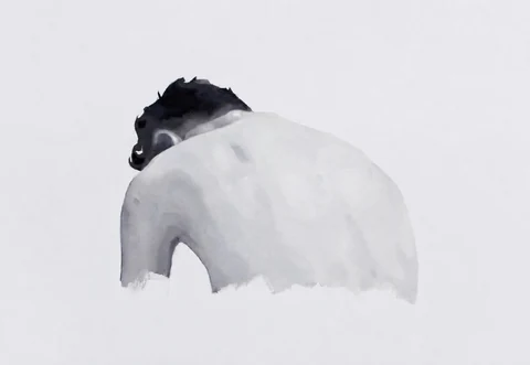 Black-and-white view of a seated figure bent forward, shown from behind.