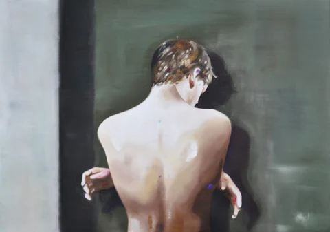 Bare-backed figure turning away against a dark green background.