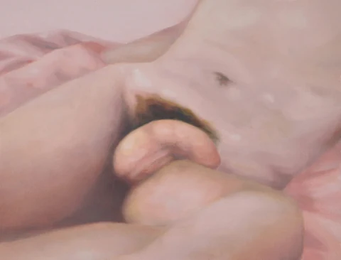 Close view of intertwined nude bodies against a pale background.