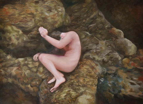 Curled nude figure lying on a textured brown-green ground.