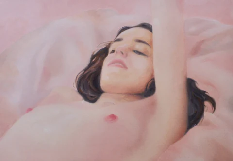 Reclining nude figure lying on pale bedding.