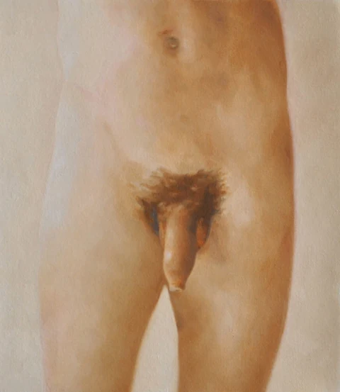 Close frontal view of a standing nude torso.