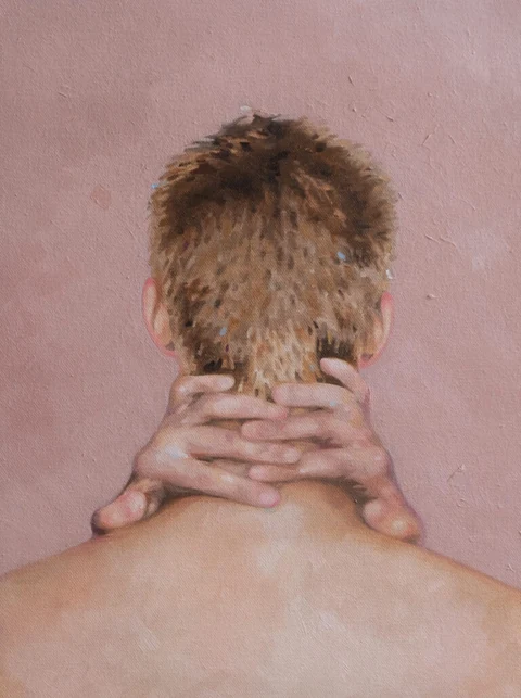 Figure seen from behind with hands clasped at the back of the neck.