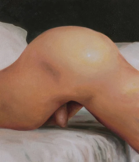 Close view of a reclining nude torso and bent legs.