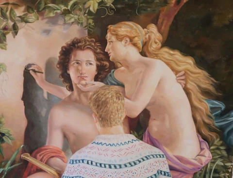 Group of figures posed before a classical pastoral scene.