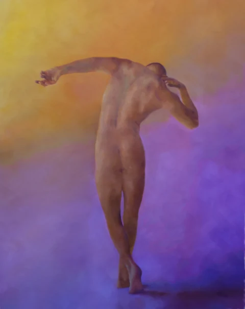 Nude figure seen from behind with arms raised against a warm-toned background.