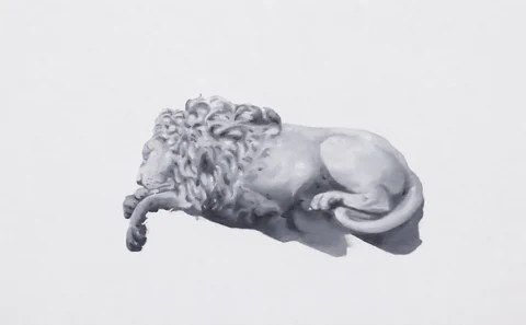 Sleeping lion curled on its side, rendered in soft gray tones on a pale background.