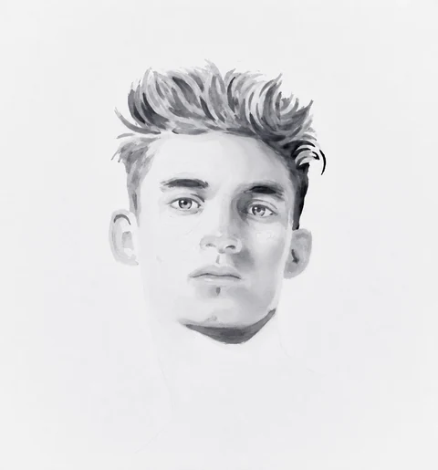 Frontal portrait of a young man with short tousled hair, rendered in pale gray tones.
