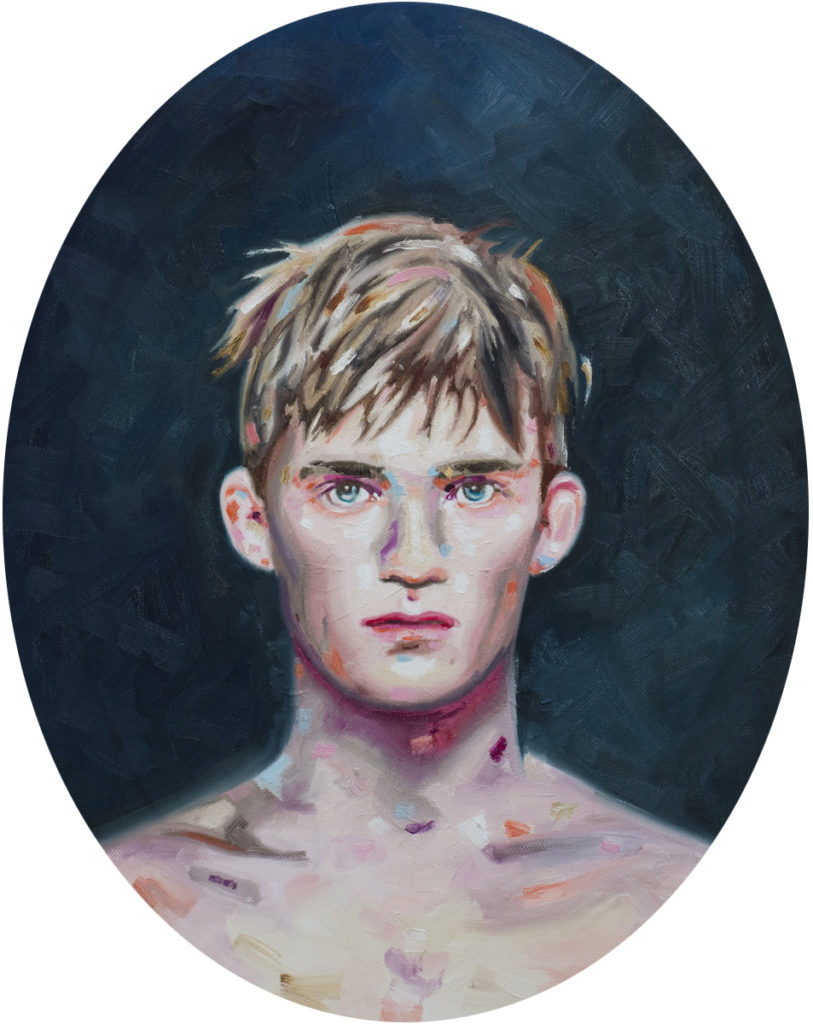 Oval portrait of a bare-chested young man facing forward against a dark blue background.