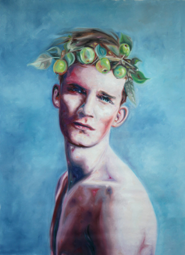 Bare-chested young man in profile wearing a leafy wreath against a blue background.