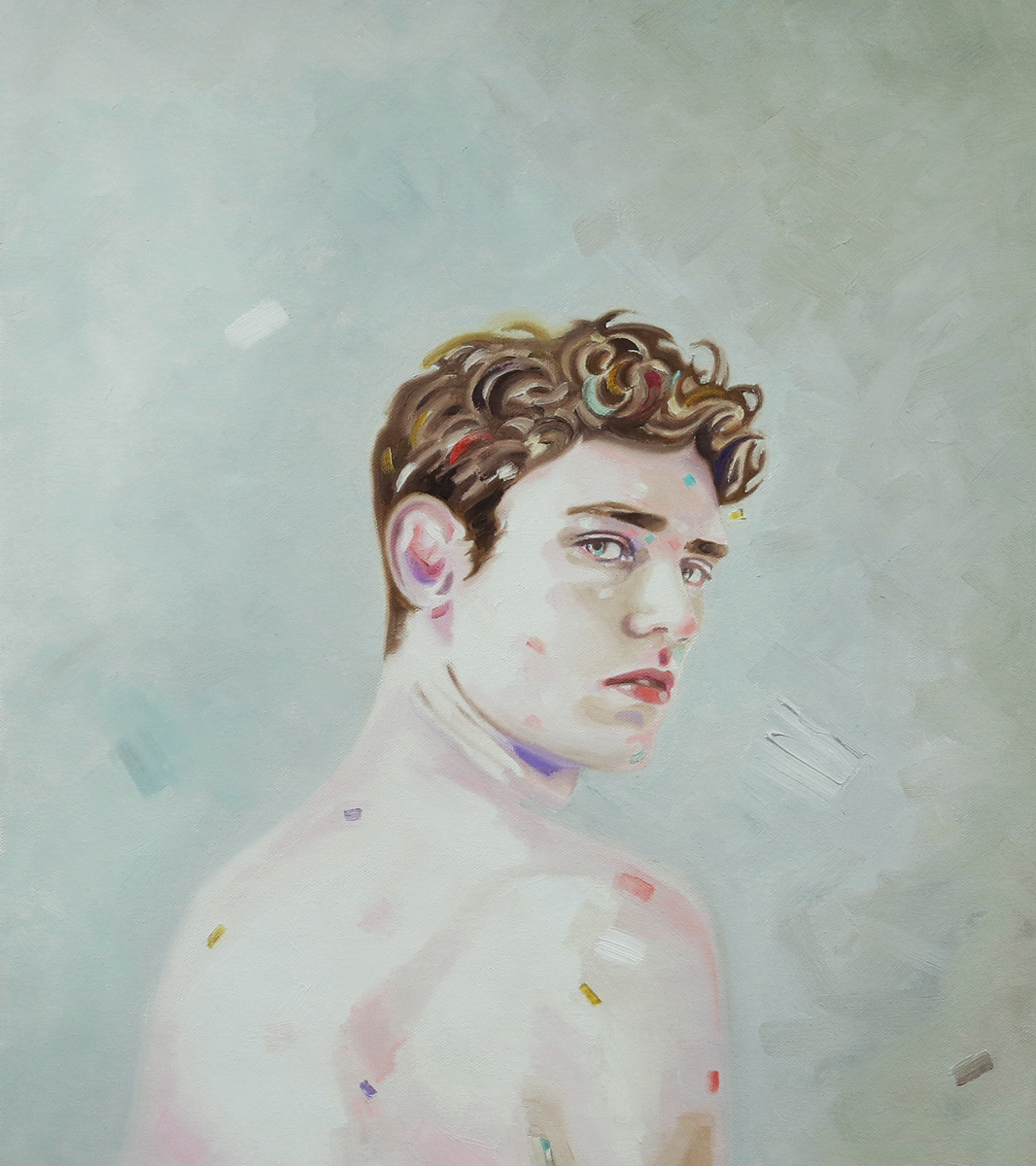 Bare-chested young man turned in profile against a pale blue background.