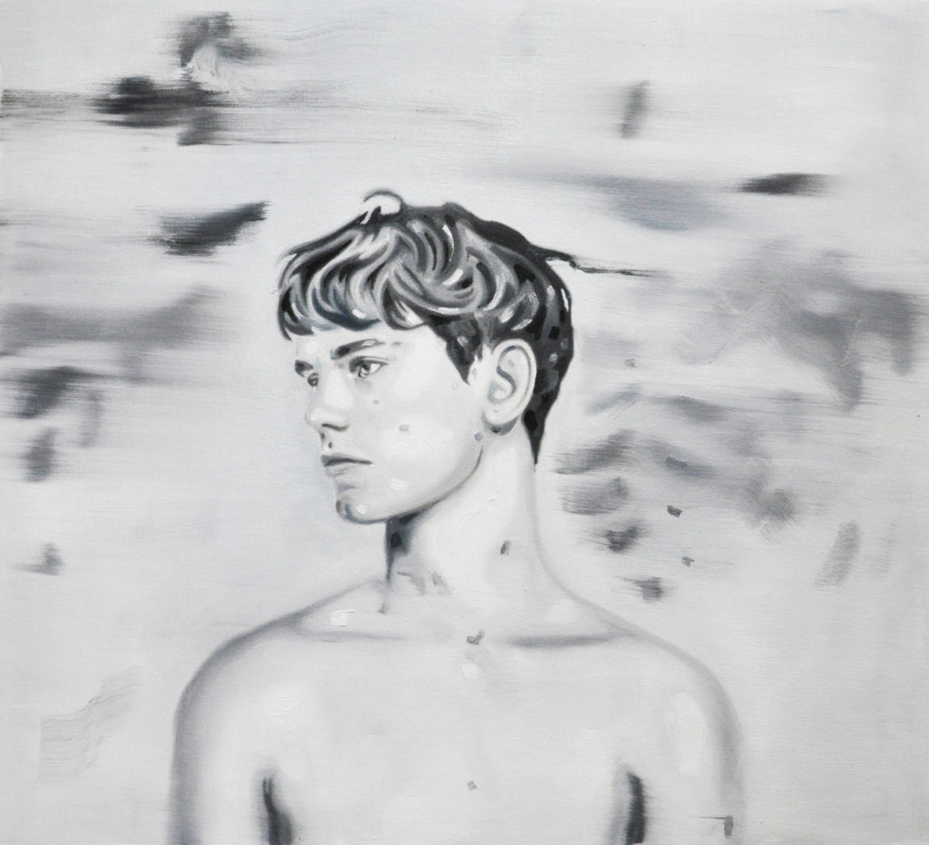 Black-and-white portrait of a bare-chested young man looking to the side.