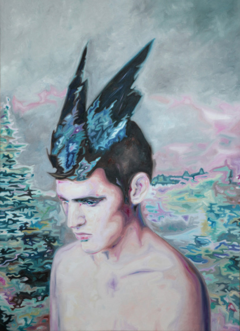 Bare-chested young man wearing a dark feathered headpiece against a watery landscape.