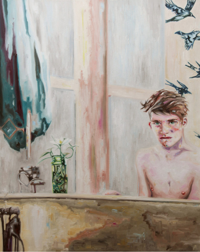 Bare-chested young man seen through a window in a light-filled interior.