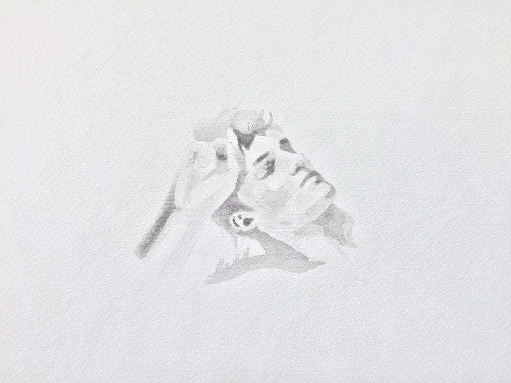Delicate pencil study of a reclining figure on white paper.