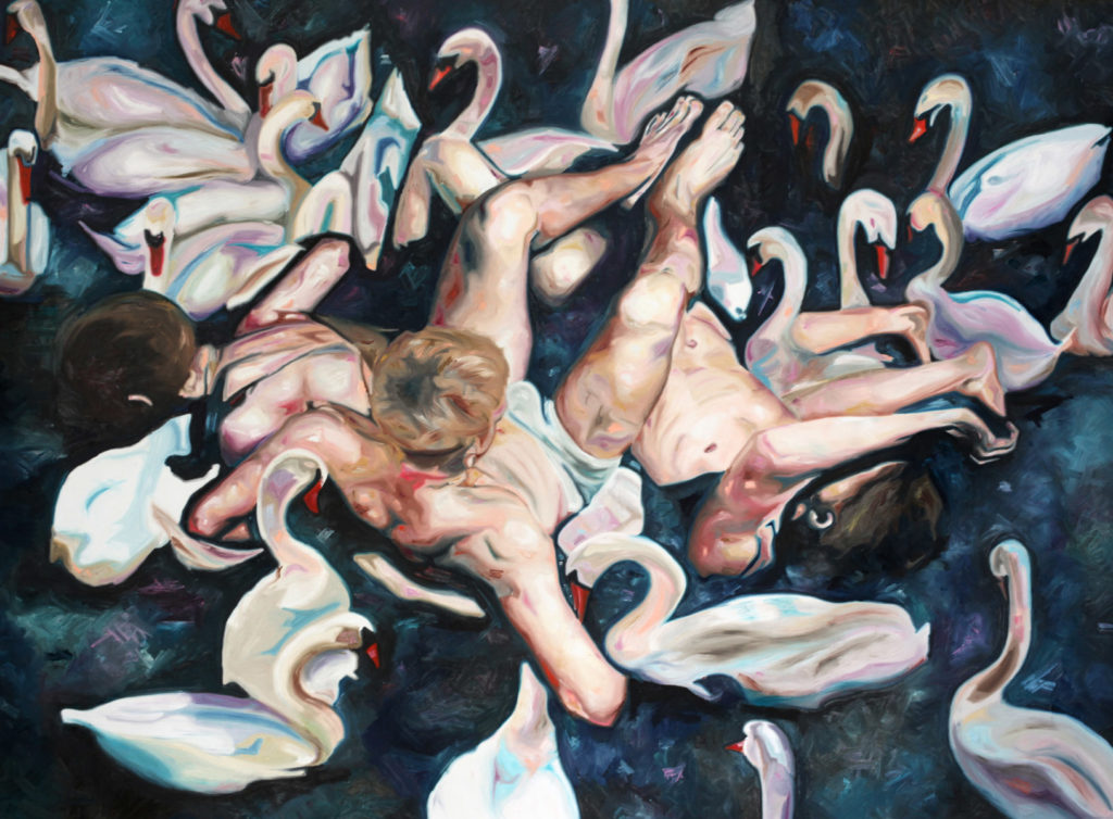 Overhead view of intertwined nude figures among pale birdlike forms on a dark ground.