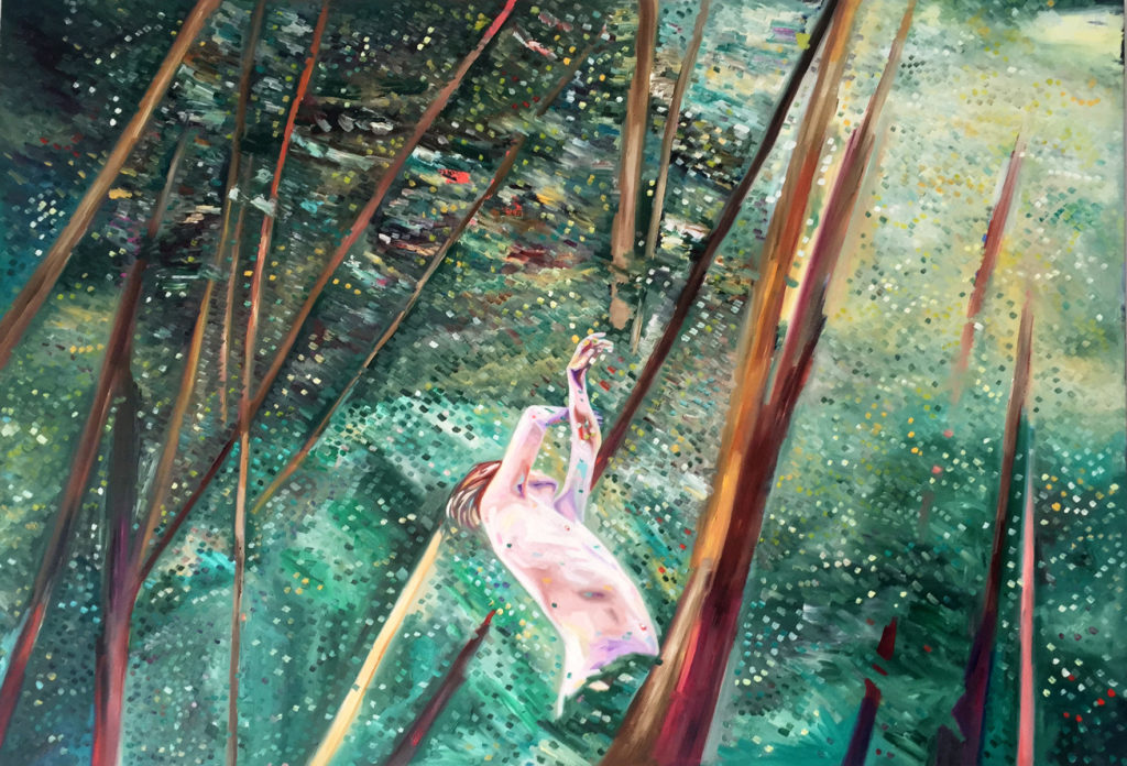 Nude figure suspended among tall tree trunks in a green forest.