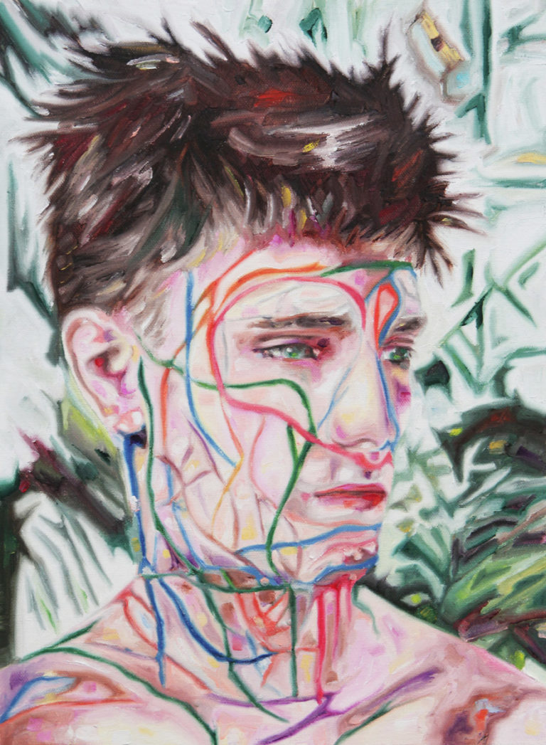 Portrait of a young man amid foliage, his face crossed by colored linear patterns.